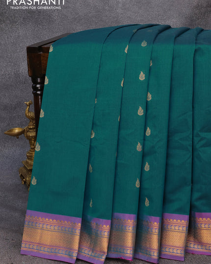 Gadwal silk cotton saree peacock green and dual shade of purple with allover zari woven buttas and zari woven border