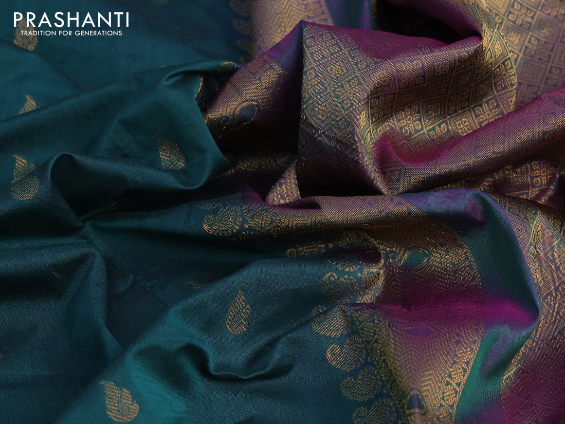 Gadwal silk cotton saree peacock green and dual shade of purple with allover zari woven buttas and zari woven border