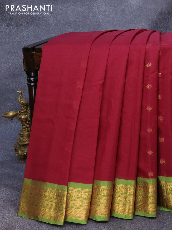 Gadwal silk cotton saree deep maroon and green with allover zari woven buttas and zari woven border