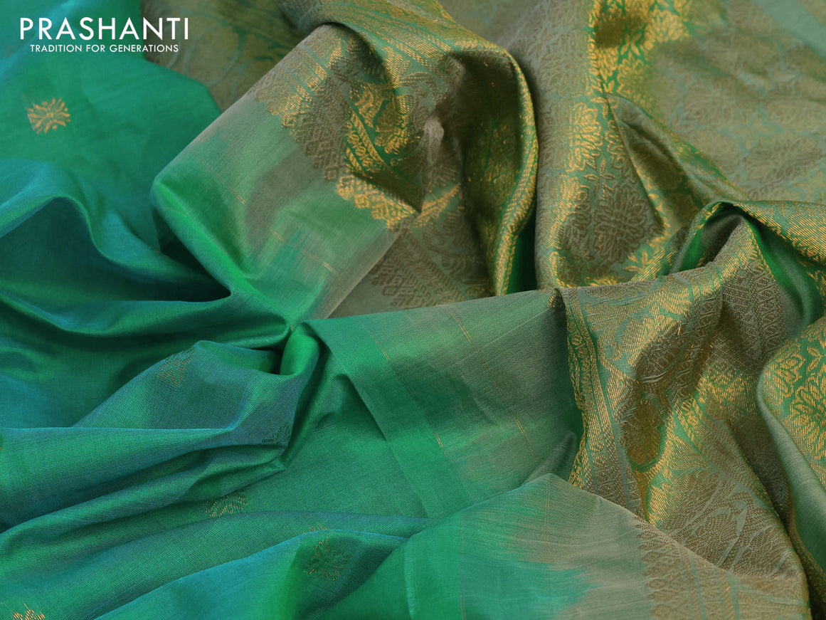 Gadwal silk cotton saree teal green shade and green shade with allover zari woven buttas and zari woven border