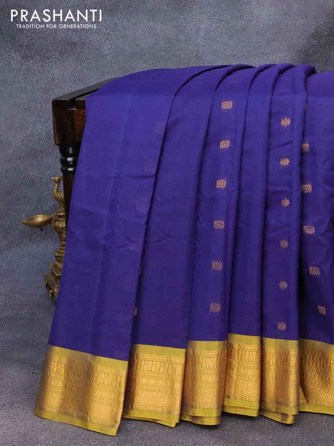 Gadwal silk cotton saree dark blue and mustard yellow with allover zari woven buttas and zari woven border
