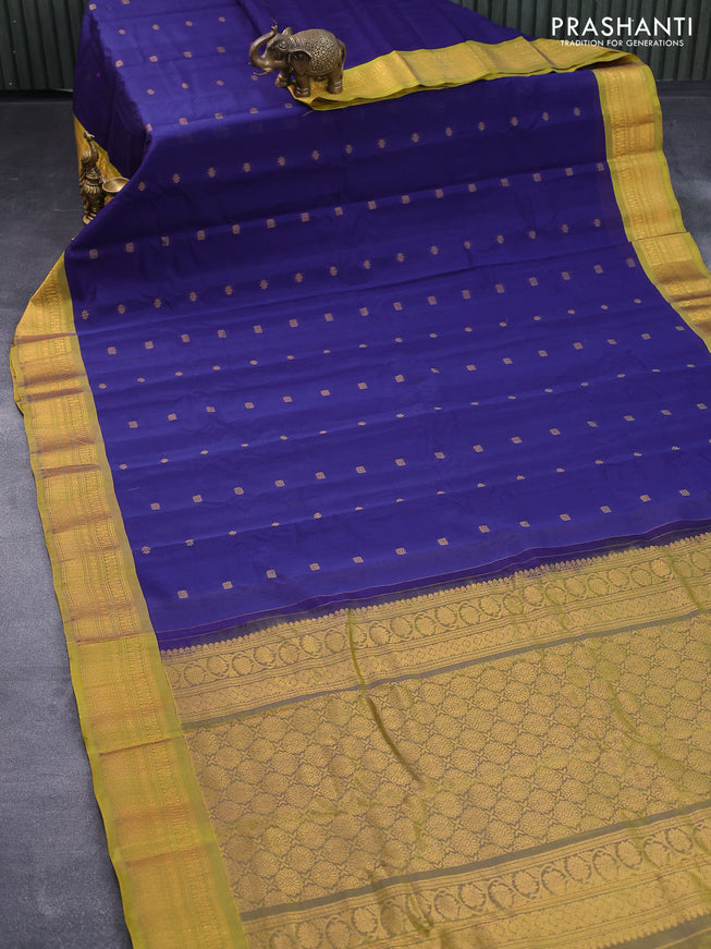 Gadwal silk cotton saree dark blue and mustard yellow with allover zari woven buttas and zari woven border