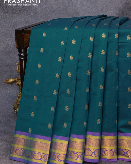 Gadwal silk cotton saree peacock green and dual shade of purple with allover paisley zari woven buttas and zari woven border