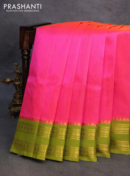 Silk cotton saree dual shade of candy pink and light green with plain body and rettapet zari woven korvai border