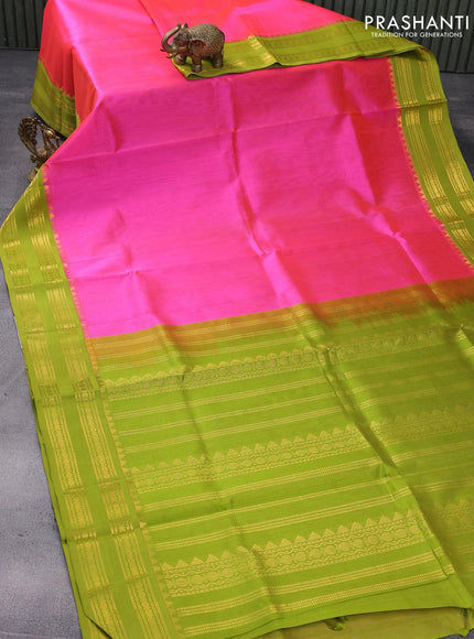 Silk cotton saree dual shade of candy pink and light green with plain body and rettapet zari woven korvai border