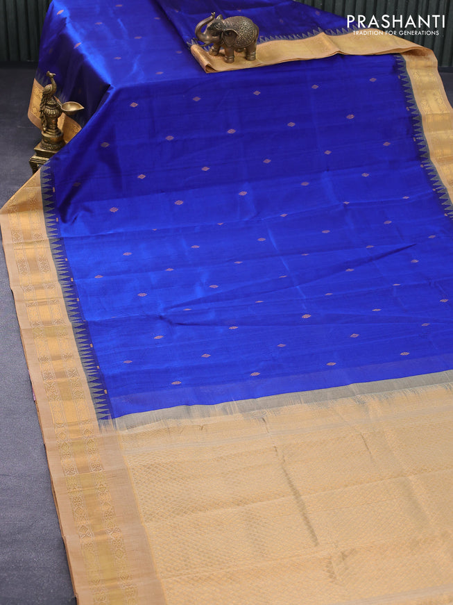 Silk cotton saree blue and sandal with zari woven buttas and temple design zari woven border