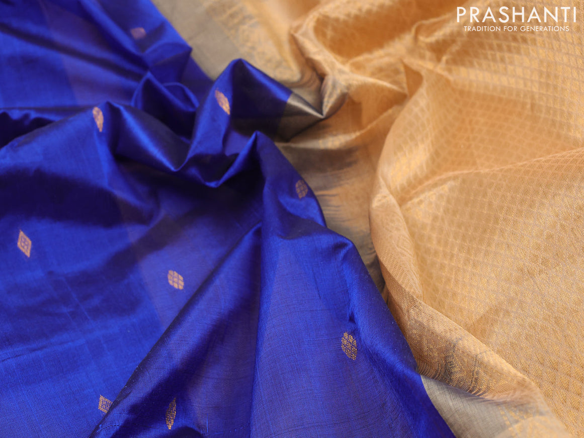 Silk cotton saree blue and sandal with zari woven buttas and temple design zari woven border