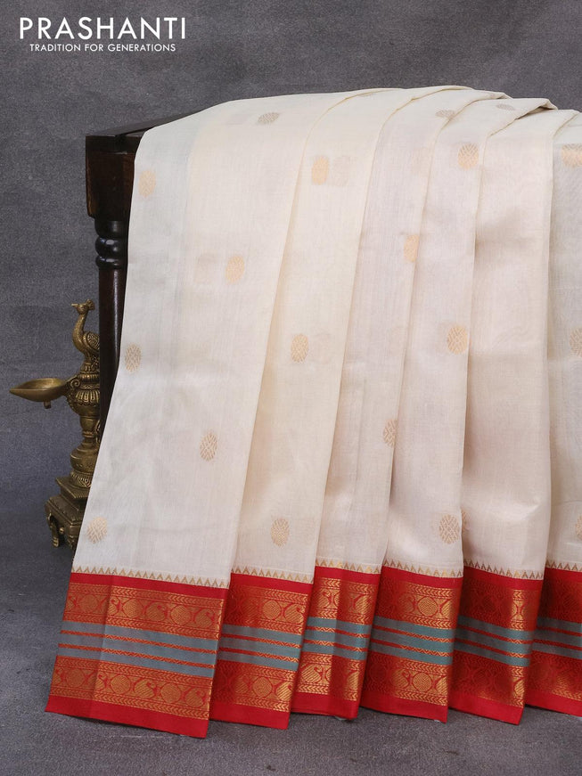 Silk cotton saree off white and red with rudhraksha zari woven buttas and zari woven korvai border