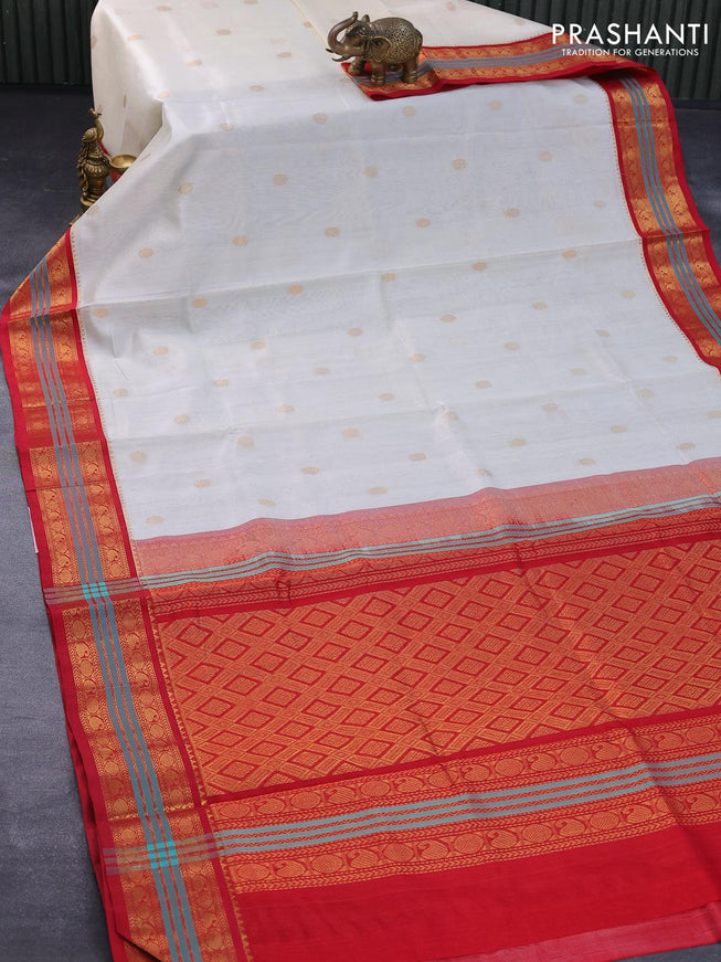 Silk cotton saree off white and red with rudhraksha zari woven buttas and zari woven korvai border