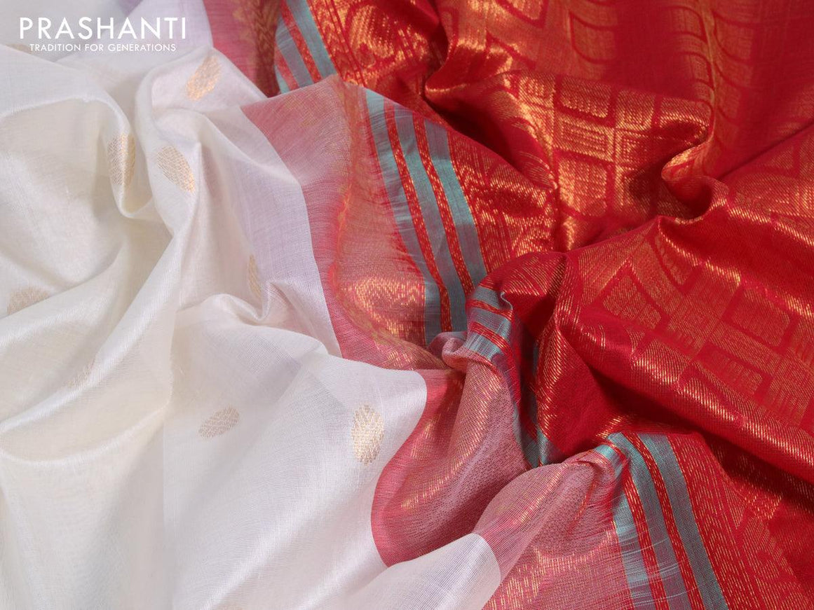 Silk cotton saree off white and red with rudhraksha zari woven buttas and zari woven korvai border