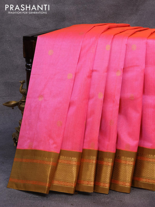 Silk cotton saree candy pink and mehendi green with rudhraksha zari woven buttas and zari woven korvai border