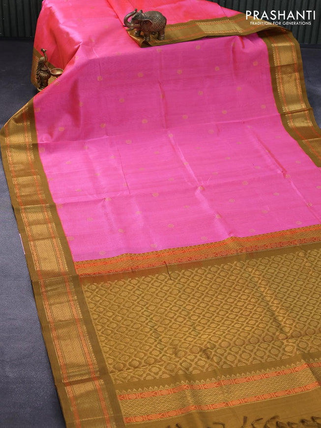 Silk cotton saree candy pink and mehendi green with rudhraksha zari woven buttas and zari woven korvai border