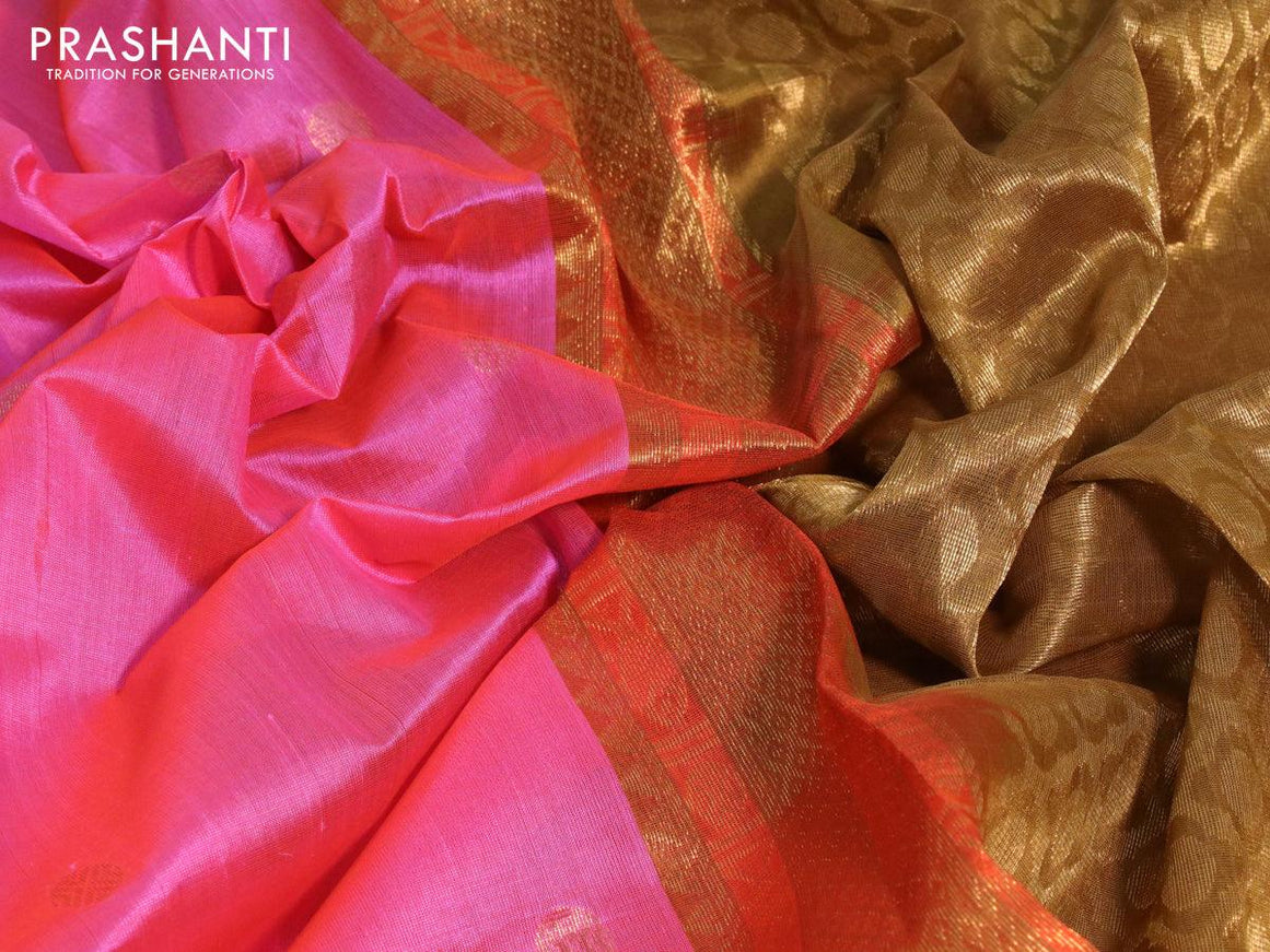 Silk cotton saree candy pink and mehendi green with rudhraksha zari woven buttas and zari woven korvai border