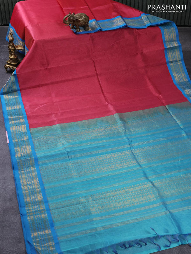 Silk cotton saree pink and cs blue with allover vairaosi pattern and zari woven korvai border