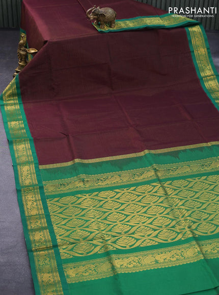 Silk cotton saree brown and green with allover vairaosi pattern and annam zari woven korvai border