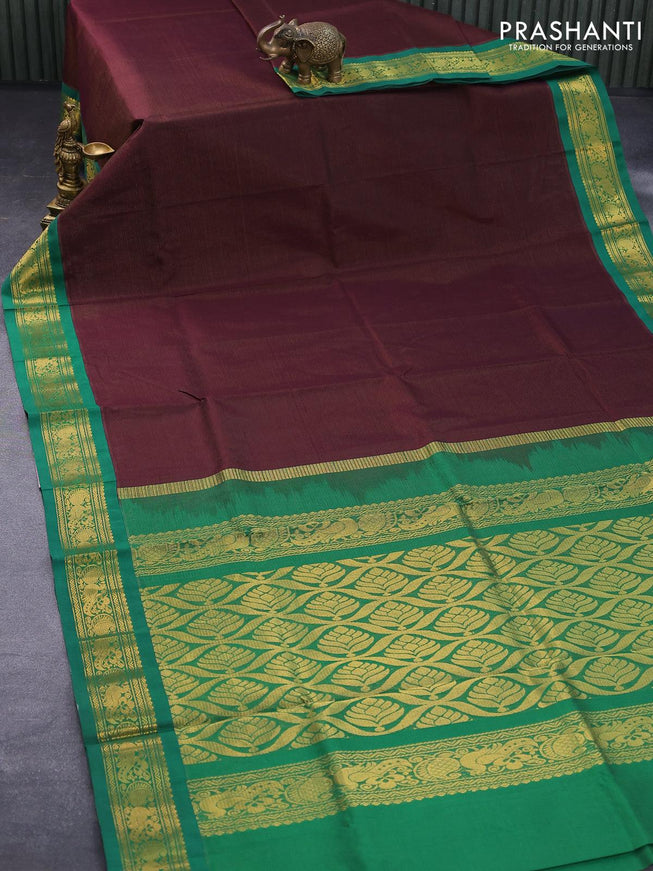 Silk cotton saree brown and green with allover vairaosi pattern and annam zari woven korvai border