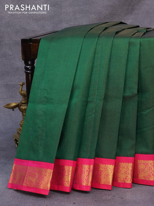 Silk cotton saree green and pink with allover vairaosi pattern and annam & elephant zari woven korvai border