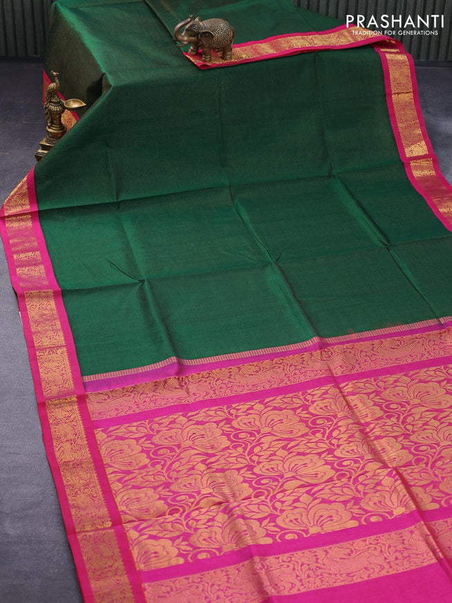 Silk cotton saree green and pink with allover vairaosi pattern and annam & elephant zari woven korvai border