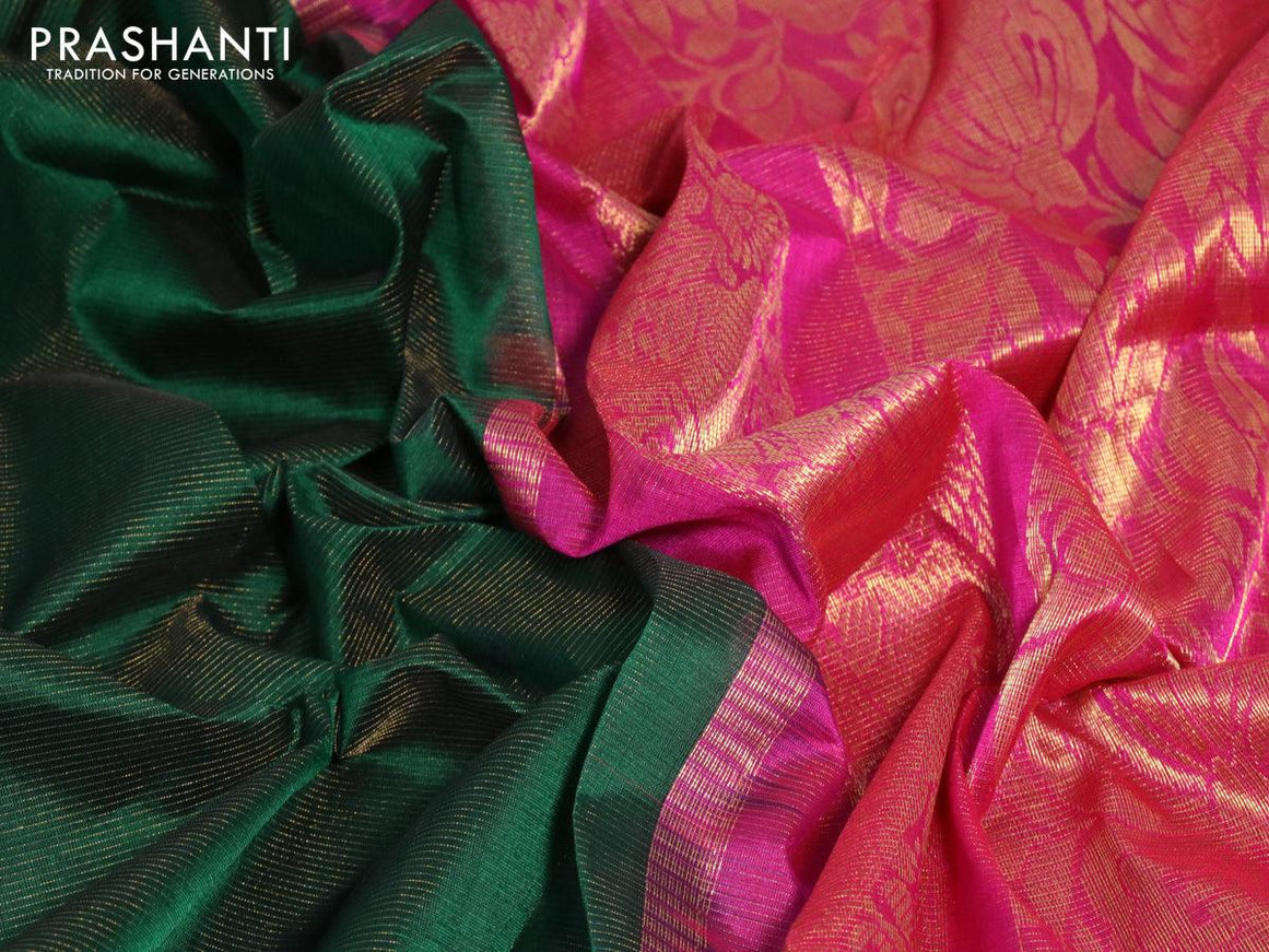 Silk cotton saree green and pink with allover vairaosi pattern and annam & elephant zari woven korvai border