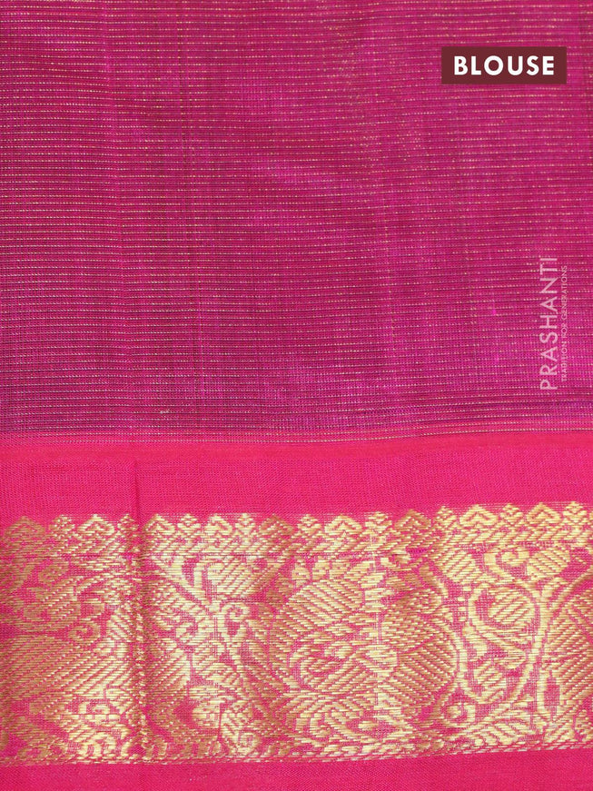 Silk cotton saree green and pink with allover vairaosi pattern and annam & elephant zari woven korvai border