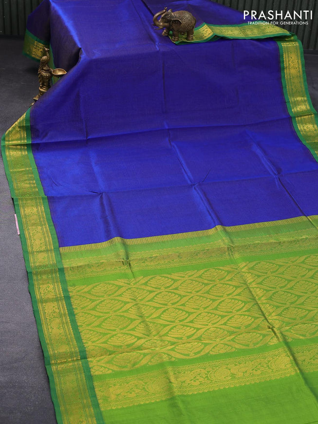 Silk cotton saree blue and green with allover vairaosi pattern and annam zari woven korvai border