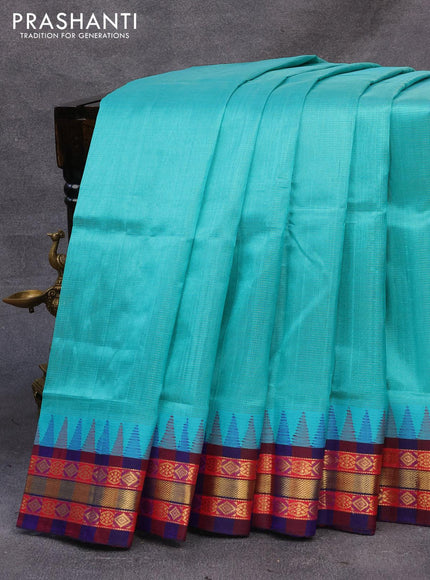 Kuppadam silk cotton saree teal green and blue with allover vairosi pattern and temple design zari woven border