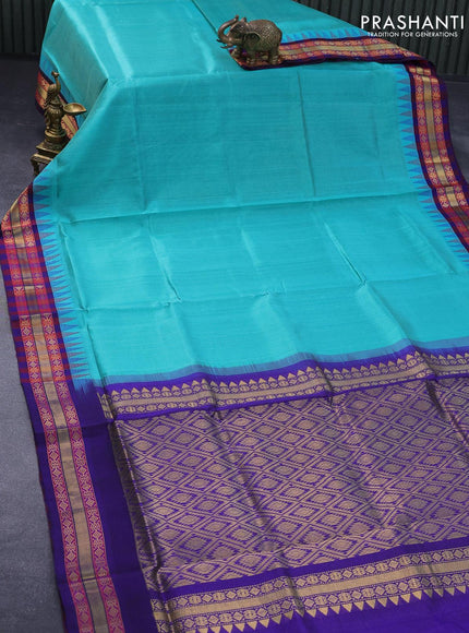 Kuppadam silk cotton saree teal green and blue with allover vairosi pattern and temple design zari woven border