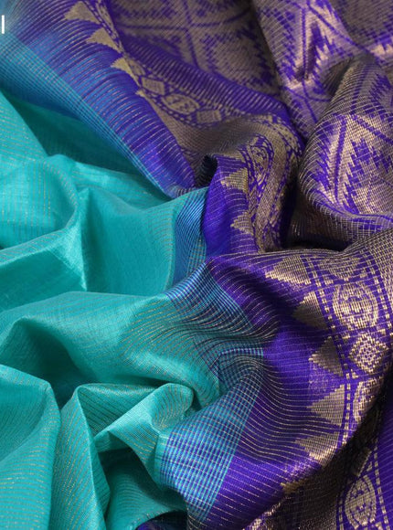 Kuppadam silk cotton saree teal green and blue with allover vairosi pattern and temple design zari woven border