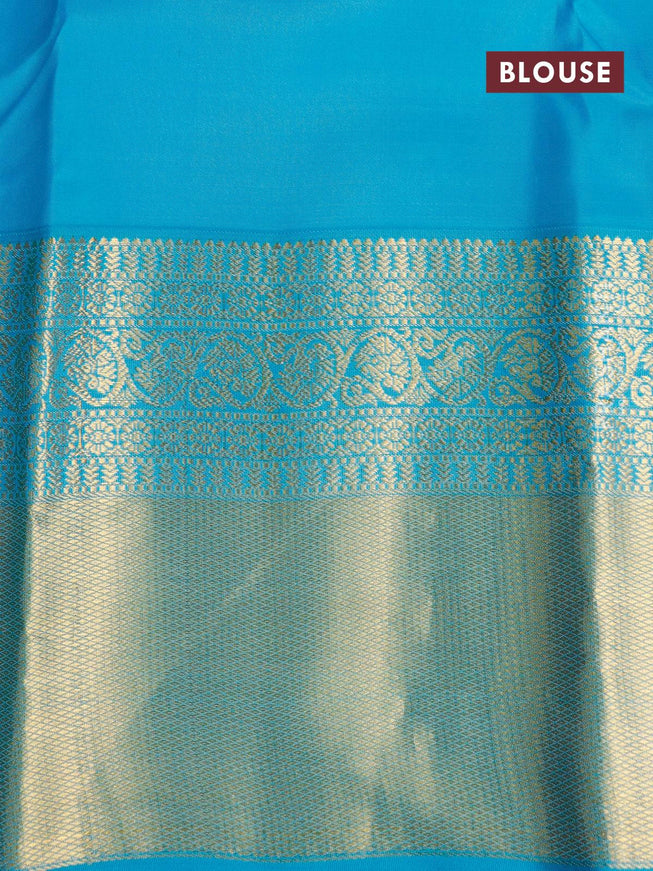 Pure kanjivaram silk saree pink and teal blue with zari woven buttas and long rich zari woven korvai border