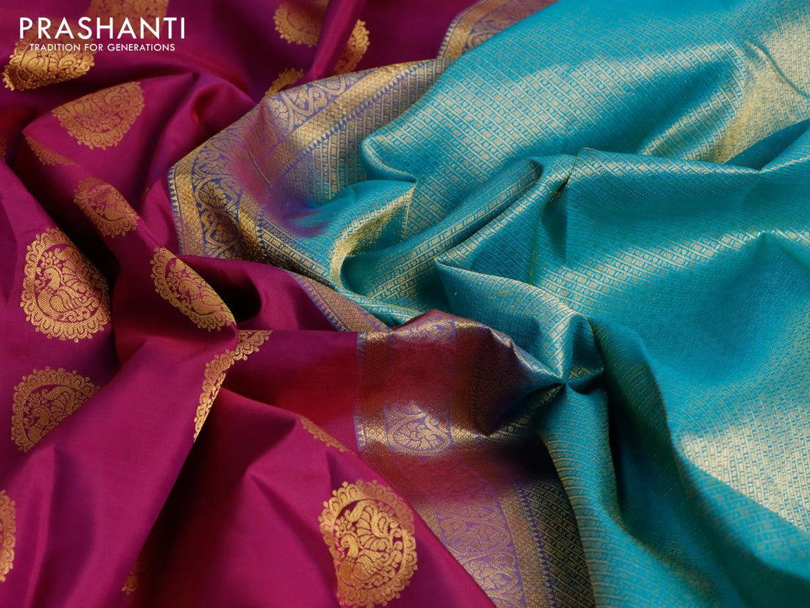 Pure kanjivaram silk saree purple and teal blue with annam zari woven buttas and long zari woven korvai border