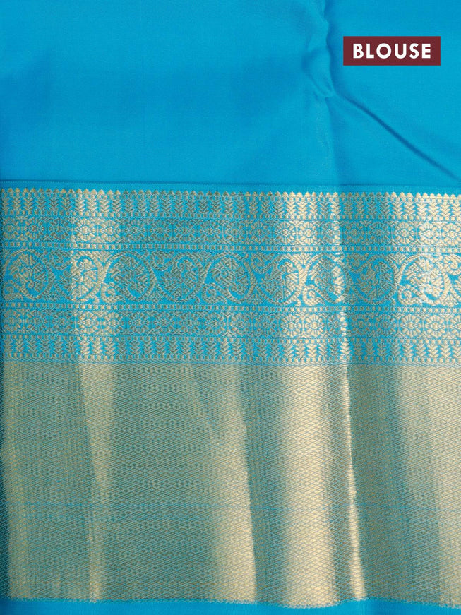 Pure kanjivaram silk saree purple and teal blue with annam zari woven buttas and long zari woven korvai border