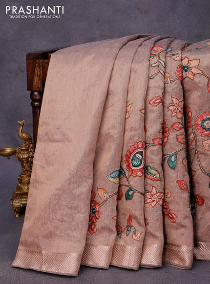 Tissue organza saree brown with allover kalamkari applique work and zari woven border