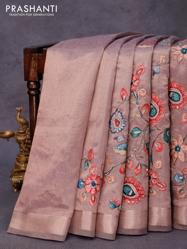 Tissue organza saree mauve pink shade with allover kalamkari applique work and zari woven border