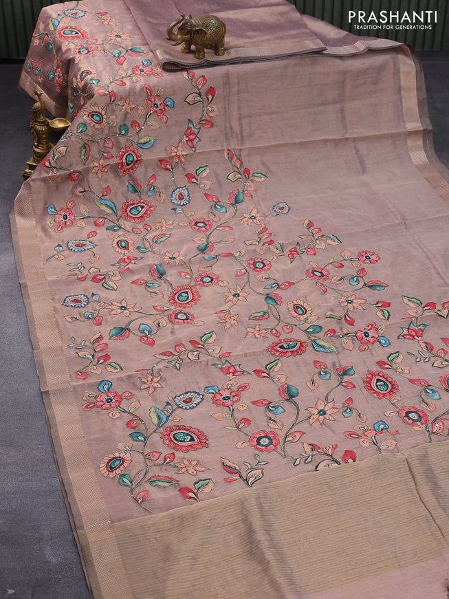 Tissue organza saree mauve pink shade with allover kalamkari applique work and zari woven border