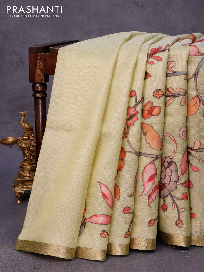 Tissue kota saree light green with allover kalamkari applique work and zari woven border