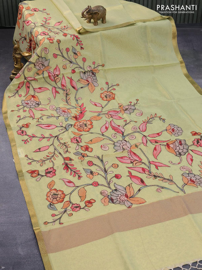 Tissue kota saree light green with allover kalamkari applique work and zari woven border