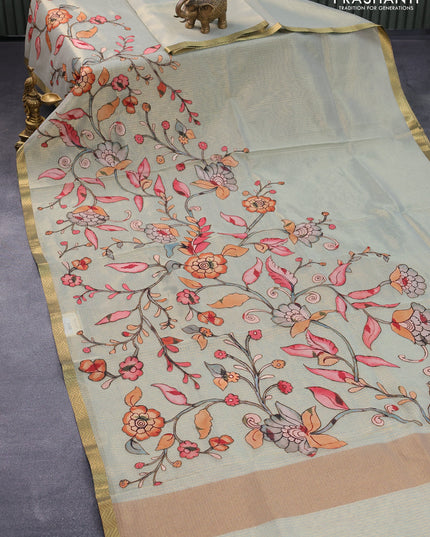 Tissue kota saree pastel blue with allover kalamkari applique work and zari woven border