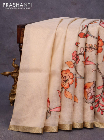 Tissue kota saree beige with allover kalamkari applique work and zari woven border