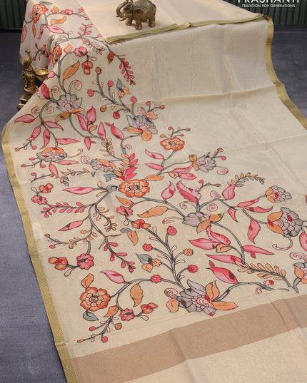 Tissue kota saree beige with allover kalamkari applique work and zari woven border