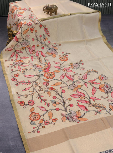 Tissue kota saree beige with allover kalamkari applique work and zari woven border