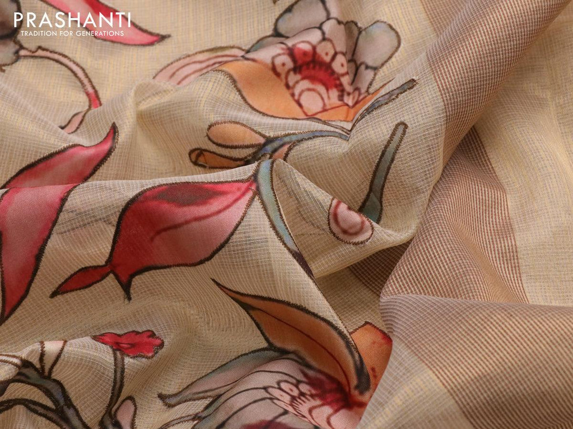 Tissue kota saree beige with allover kalamkari applique work and zari woven border