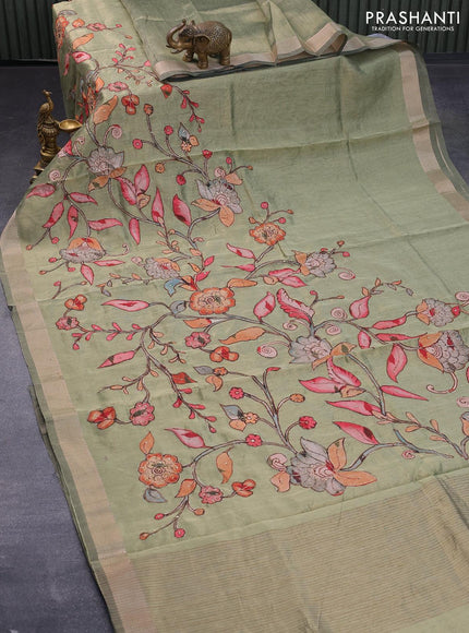 Tissue organza saree green with sequin & kalamkari applique work and zari woven border