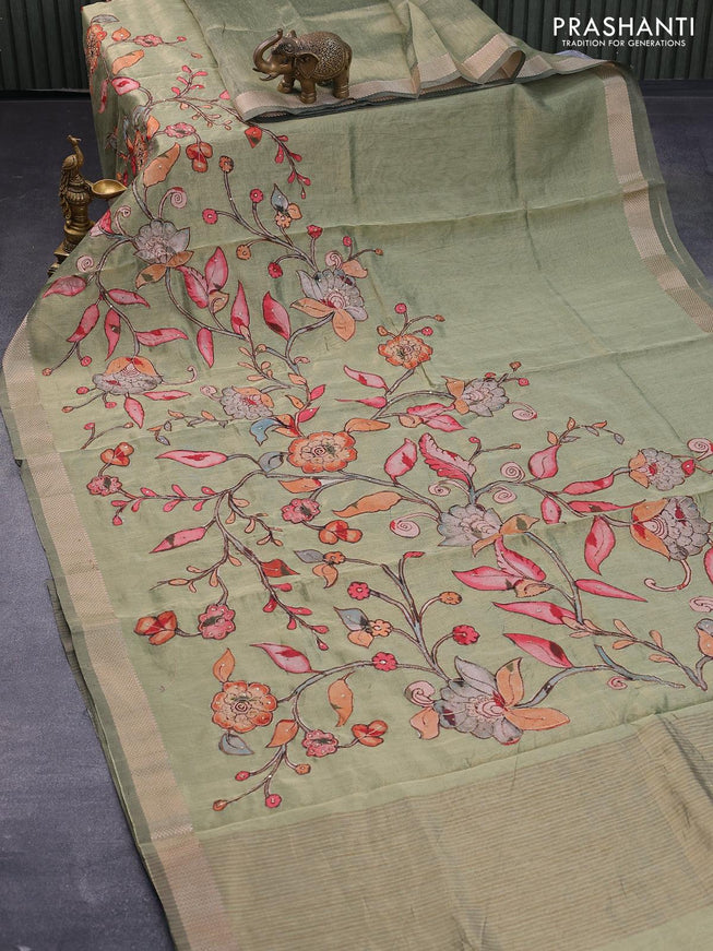 Tissue organza saree green with sequin & kalamkari applique work and zari woven border