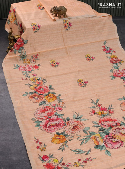 Semi tussar saree peach orange with allover floral design applique work and zari woven border