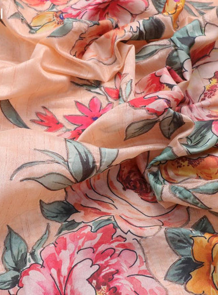 Semi tussar saree peach orange with allover floral design applique work and zari woven border