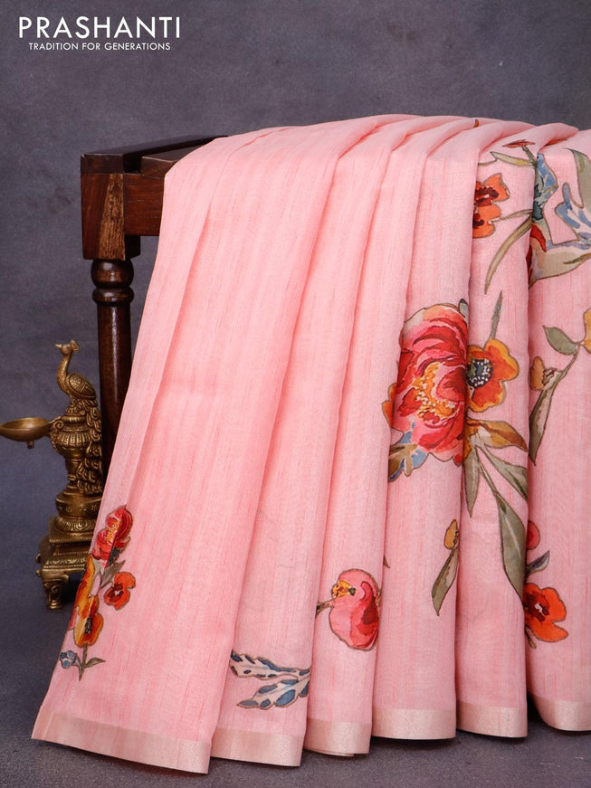 Semi tussar saree light pink with allover floral design applique work and zari woven border