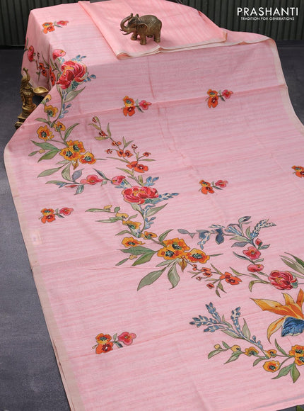 Semi tussar saree light pink with allover floral design applique work and zari woven border