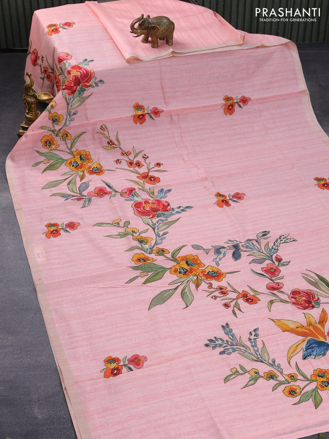 Semi tussar saree light pink with allover floral design applique work and zari woven border