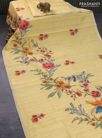 Semi tussar saree yellow with allover floral design applique work and zari woven border