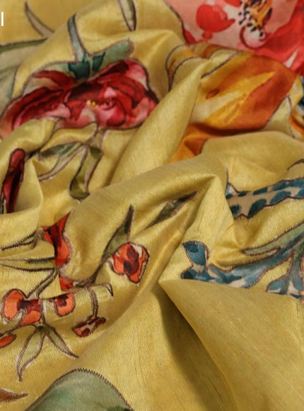 Semi tussar saree yellow with allover floral design applique work and zari woven border